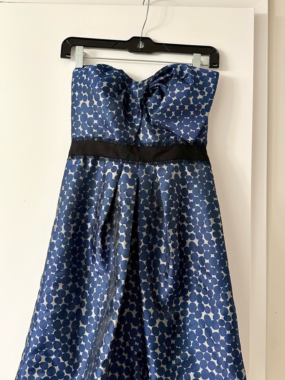 BCBGMaxAzria Navy Strapless Dot Party Dress with Black Waistband